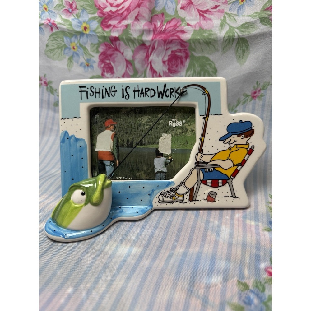 VTG Russ Fishing Is Hard Work Photo Frame Figurine 4.5"‎ x 7" Fisherman Decor